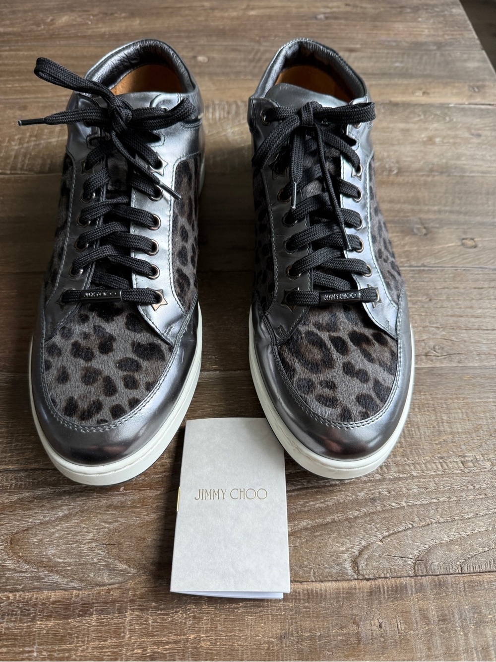 Jimmy Choo Miami Metallic Black & Leopard-Print Low Top Sneakers